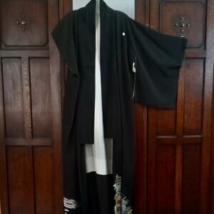 Vintage Kimono Hand Made Long Silk Black White Lining Embroidery Needs Repair